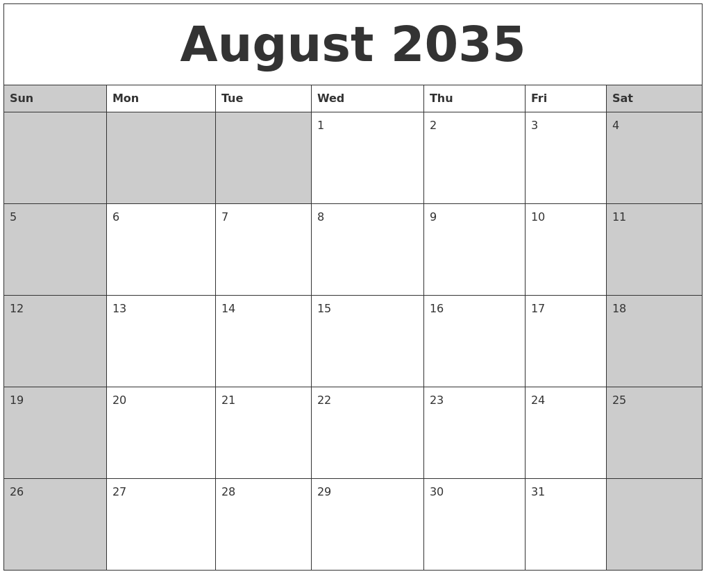 August 2035 Calanders