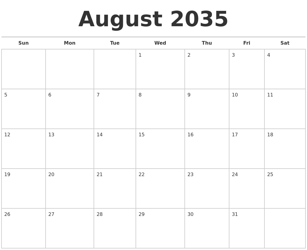 August 2035 Calendars Free