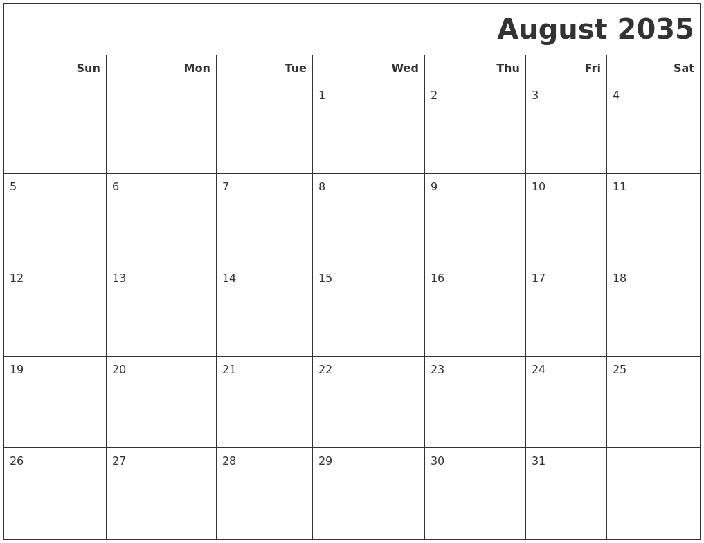 August 2035 Calendars To Print