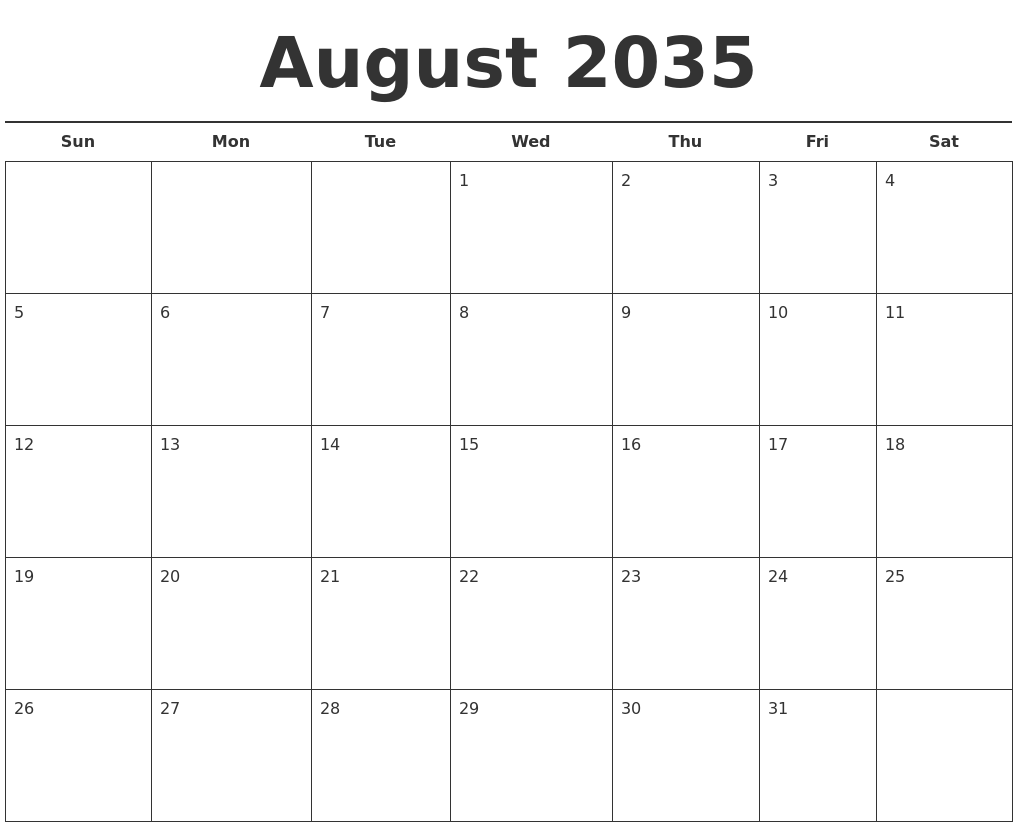 August 2035 Free Calendar Template