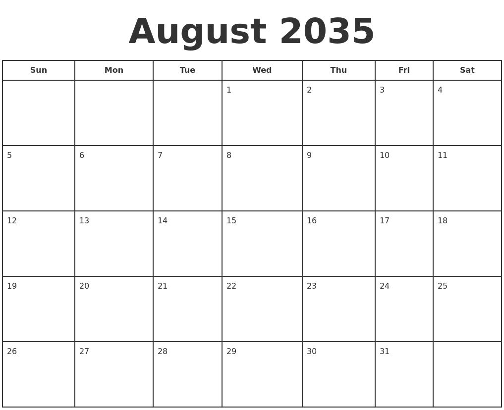 August 2035 Print A Calendar