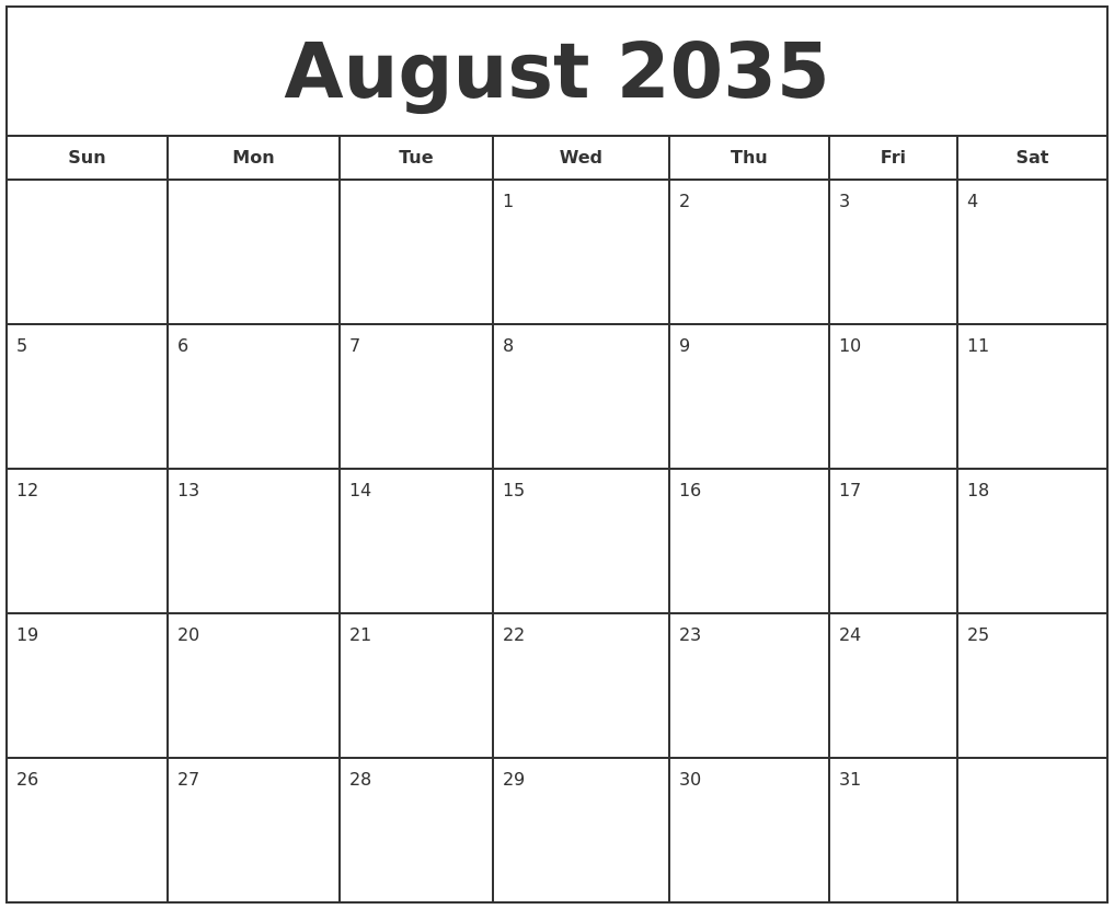 August 2035 Print Free Calendar