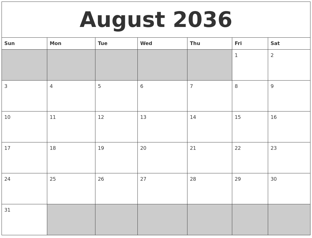 August 2036 Blank Printable Calendar