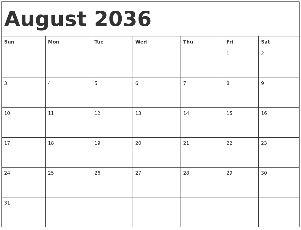 August 2036 Calendar Template