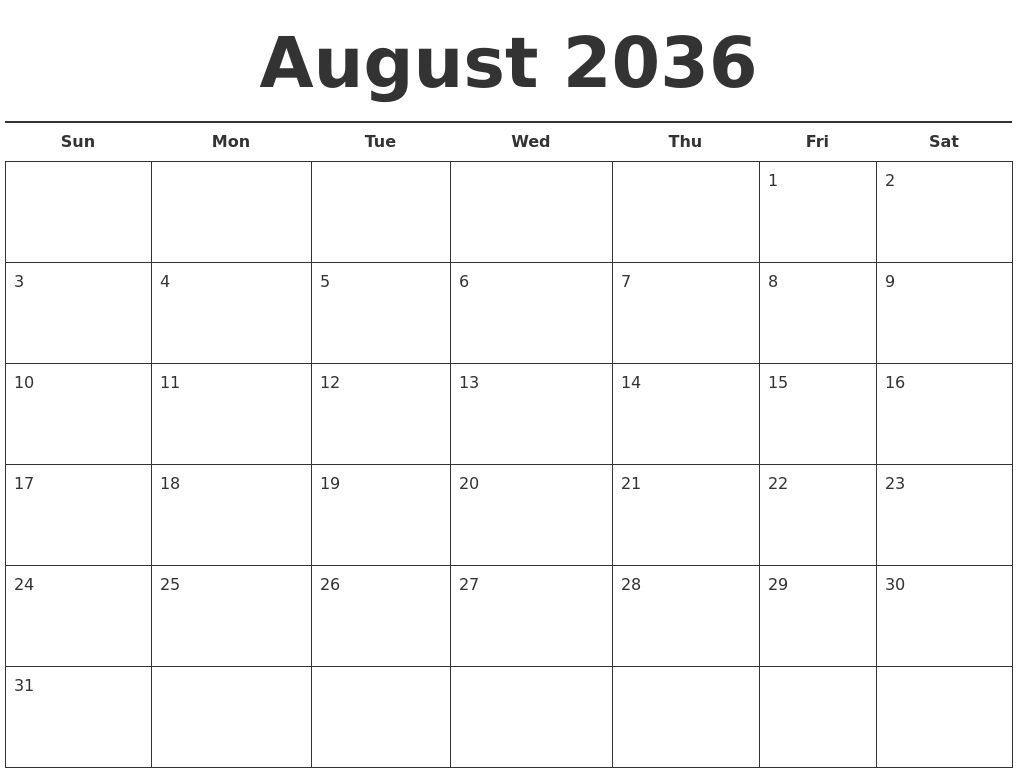 August 2036 Free Calendar Template