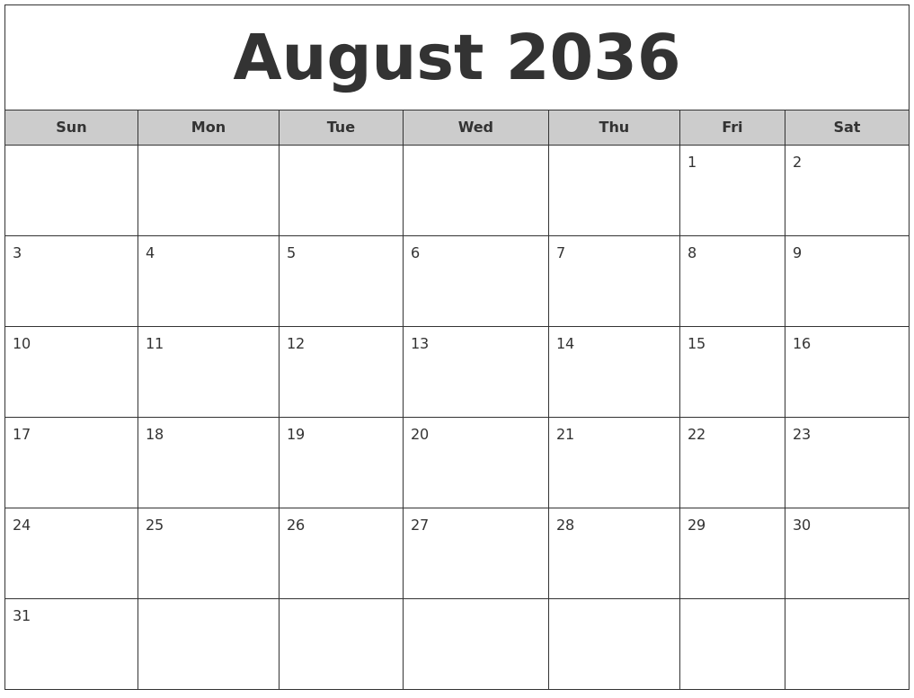 August 2036 Free Monthly Calendar