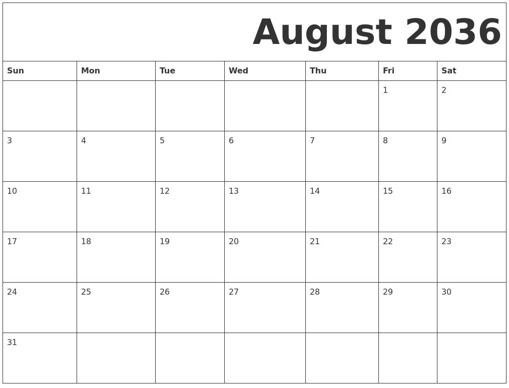 August 2036 Free Printable Calendar