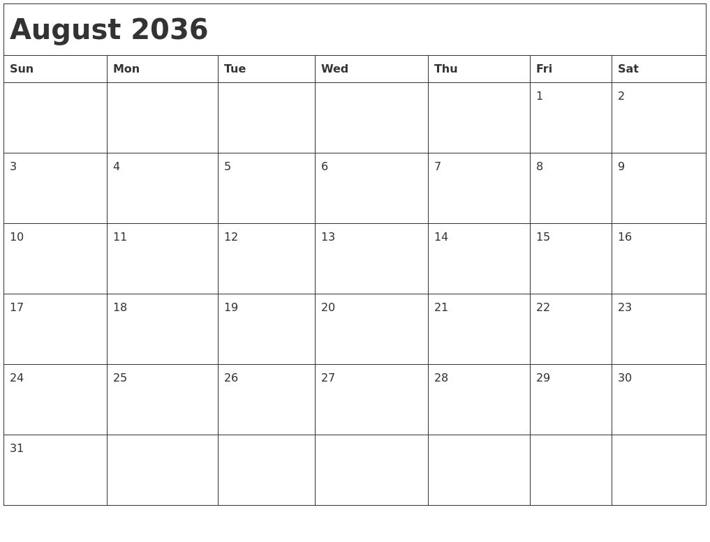 August 2036 Month Calendar