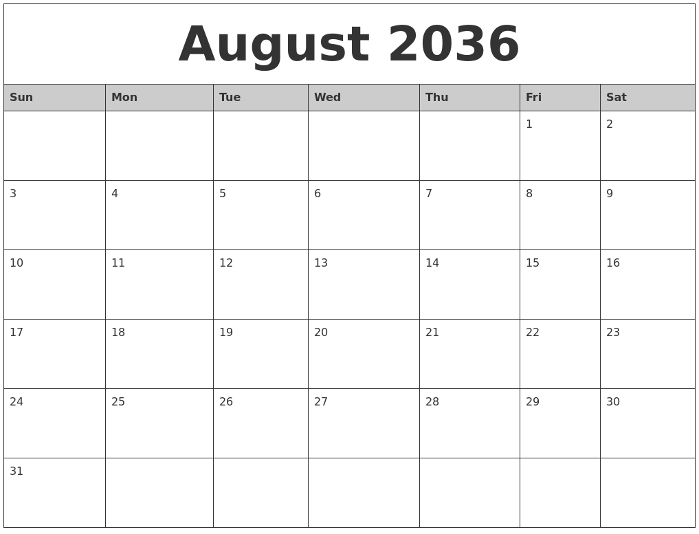 August 2036 Monthly Calendar Printable