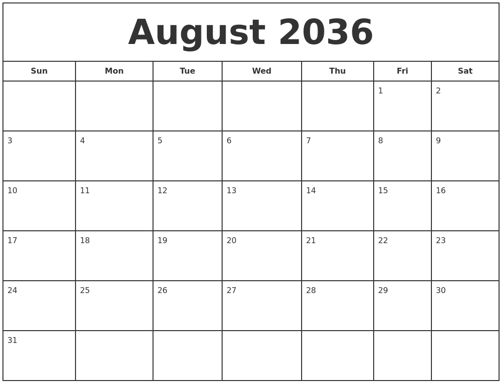 August 2036 Print Free Calendar