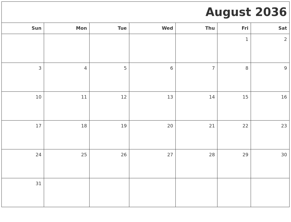 August 2036 Printable Blank Calendar