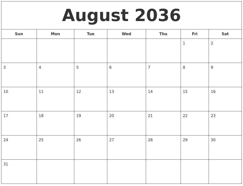 August 2036 Printable Calendar