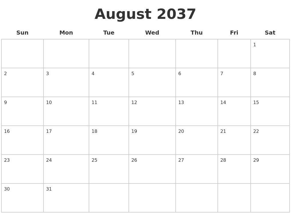 August 2037 Blank Calendar Pages