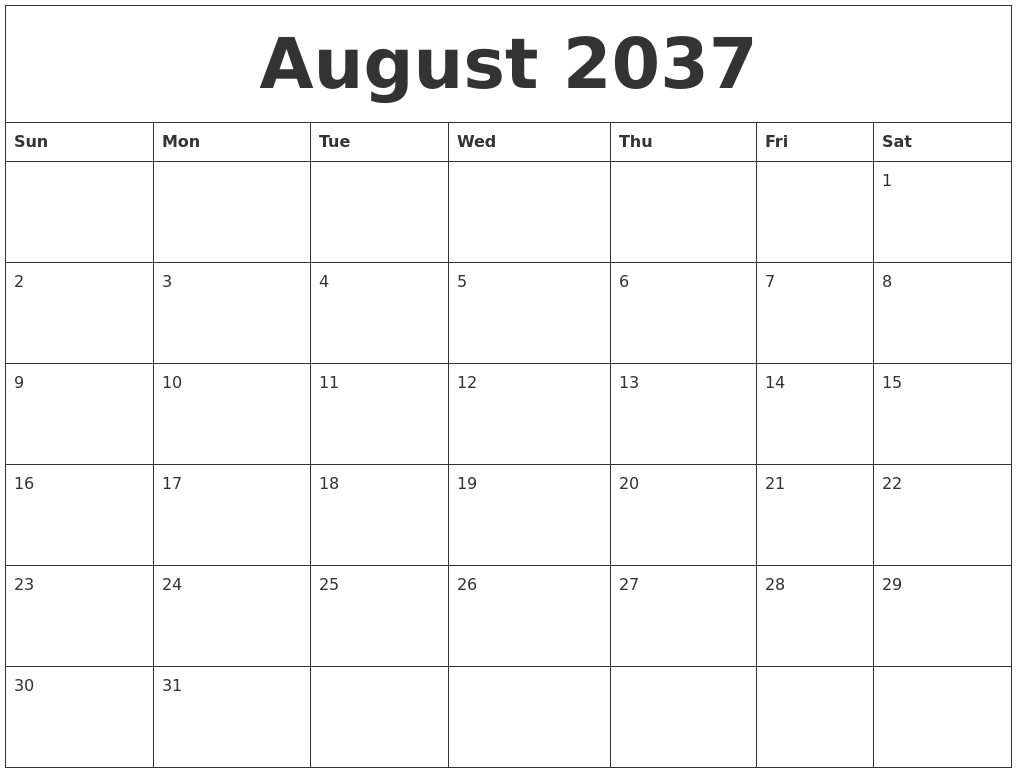 August 2037 Blank Calendar Printable