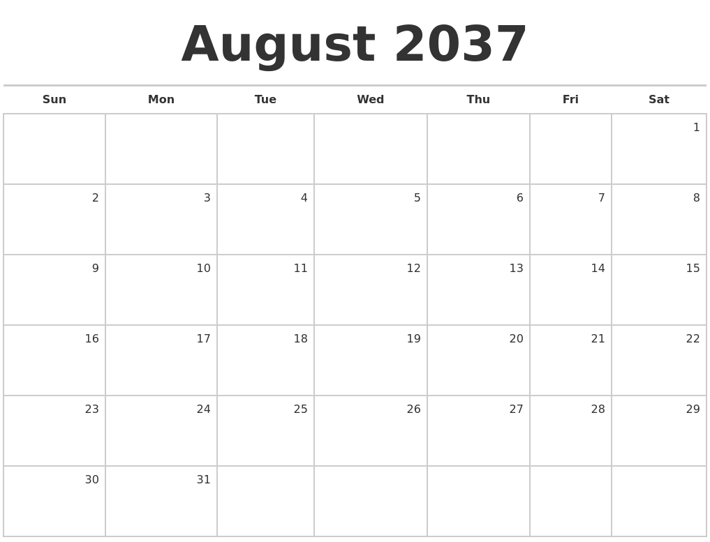 August 2037 Blank Monthly Calendar