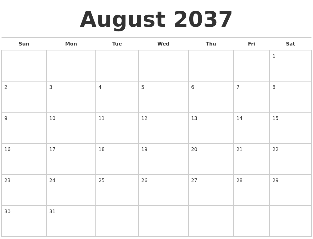 August 2037 Calendars Free