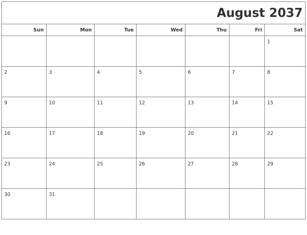 August 2037 Calendars To Print