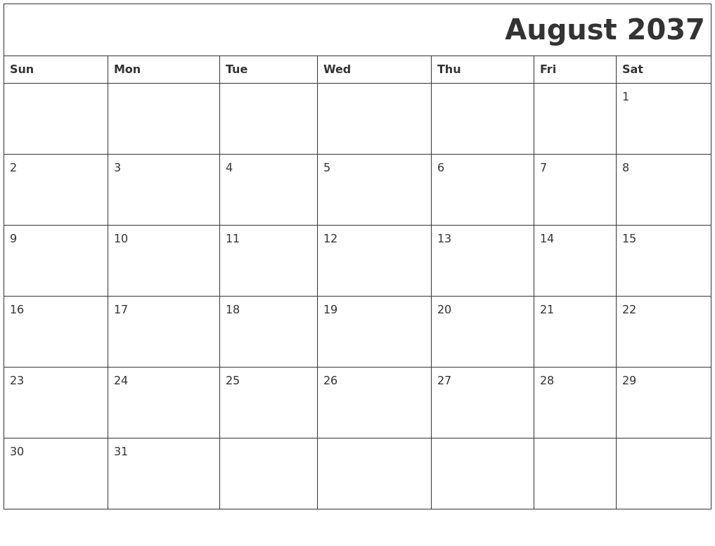 August 2037 Download Calendar