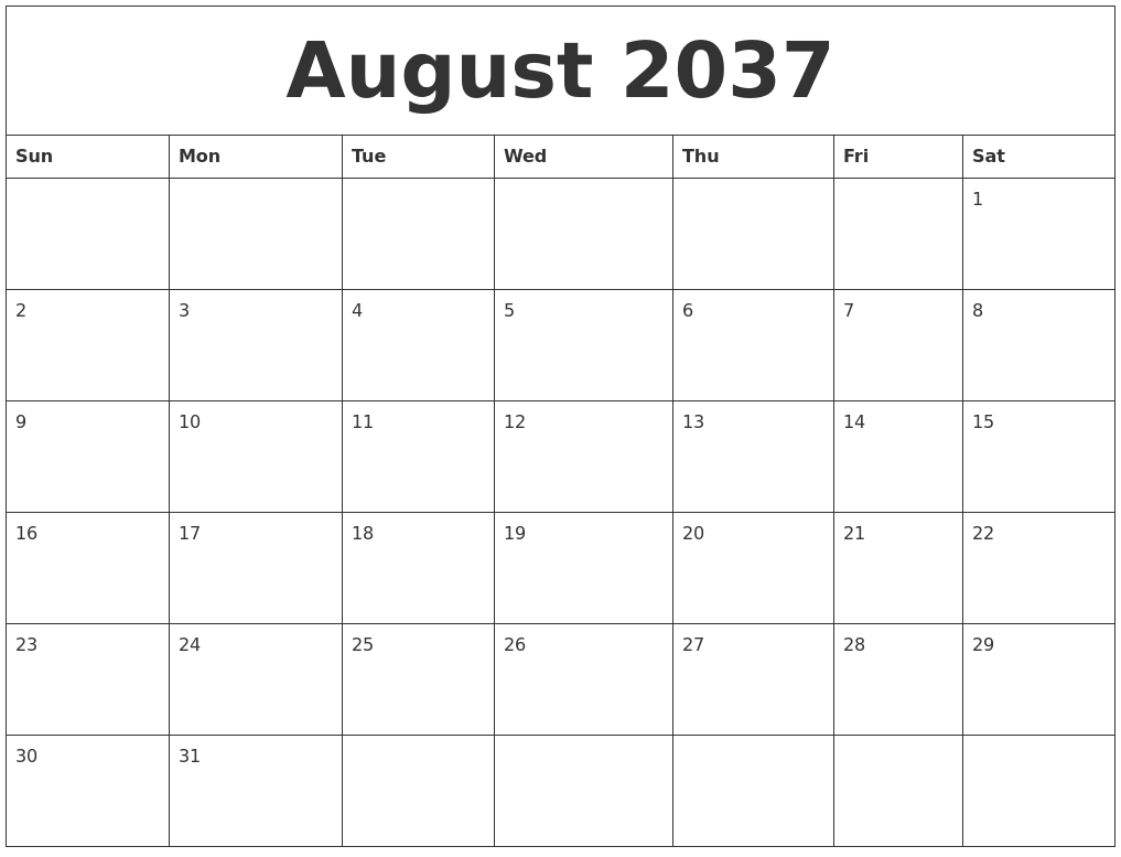 August 2037 Free Monthly Calendar Template