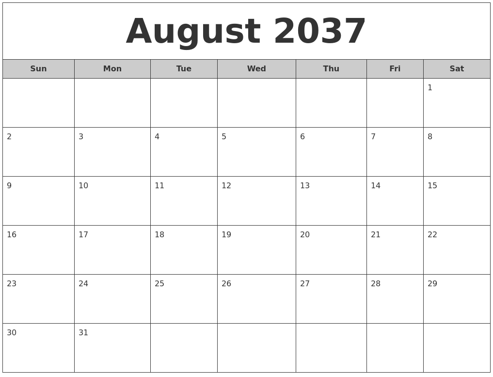 August 2037 Free Monthly Calendar
