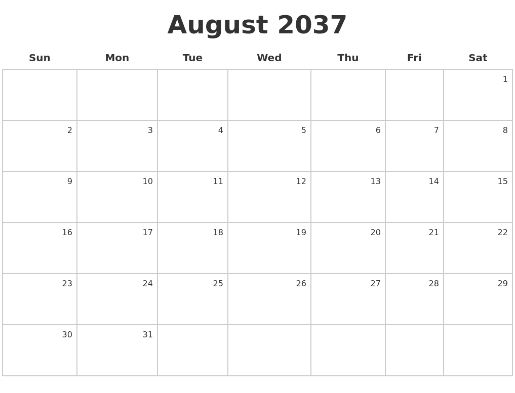 August 2037 Make A Calendar