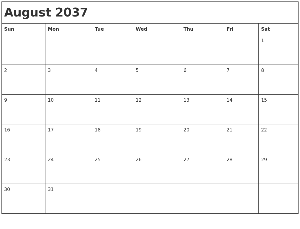August 2037 Month Calendar