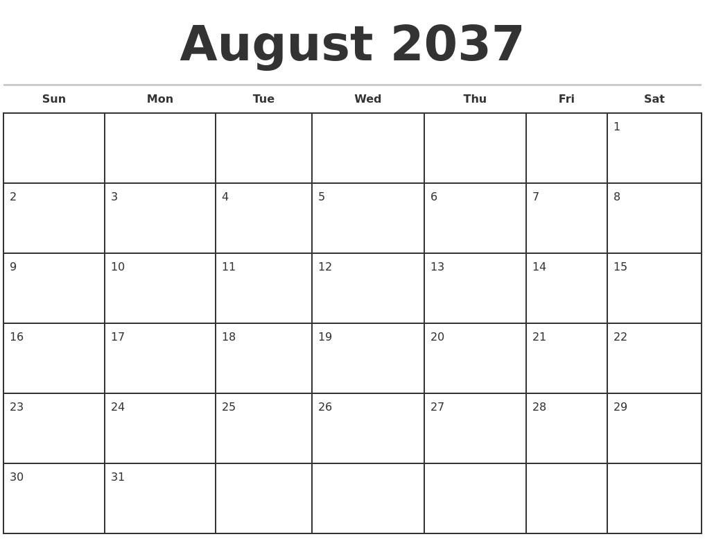 August 2037 Monthly Calendar Template