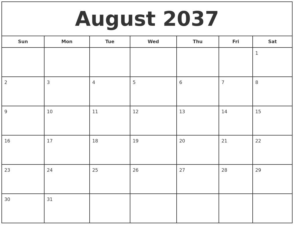 August 2037 Print Free Calendar