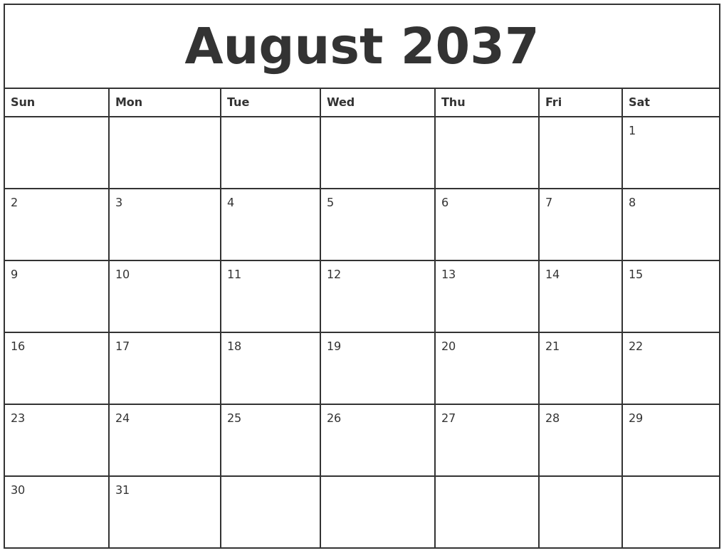 August 2037 Printable Monthly Calendar