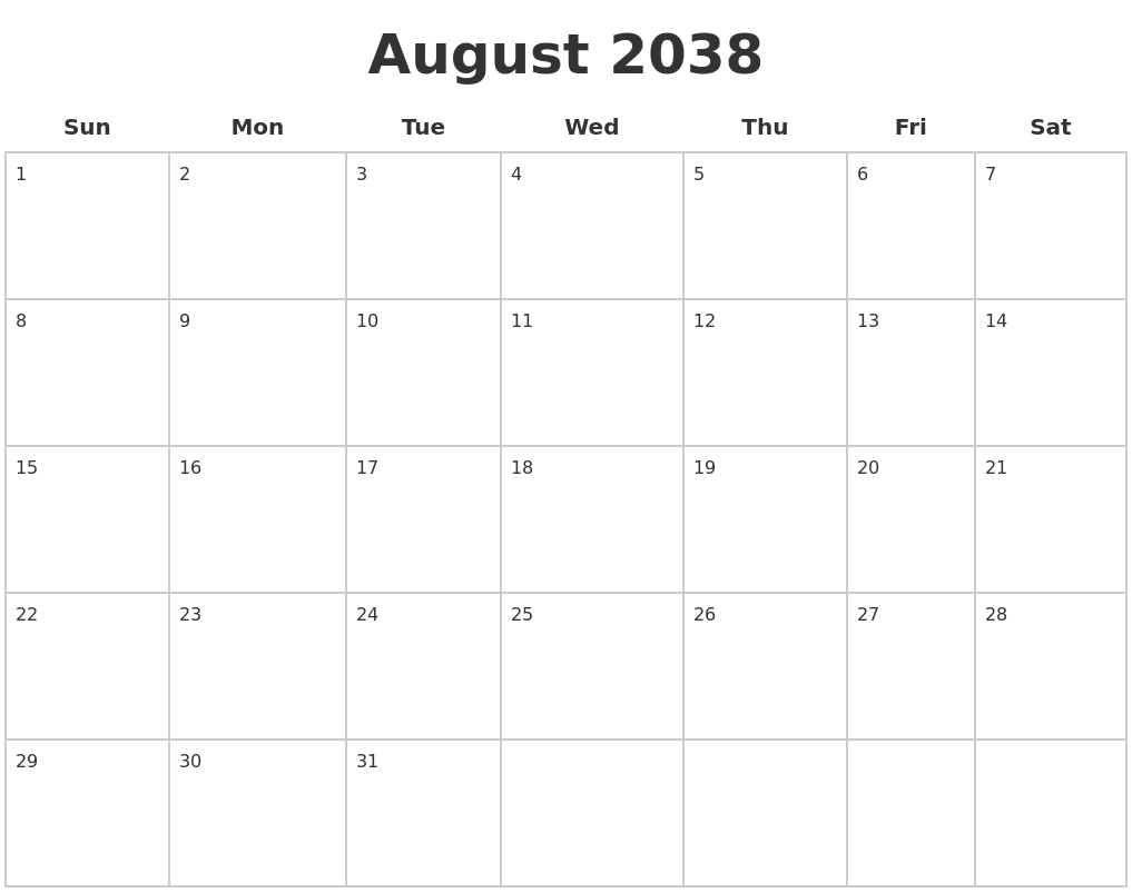 August 2038 Blank Calendar Pages