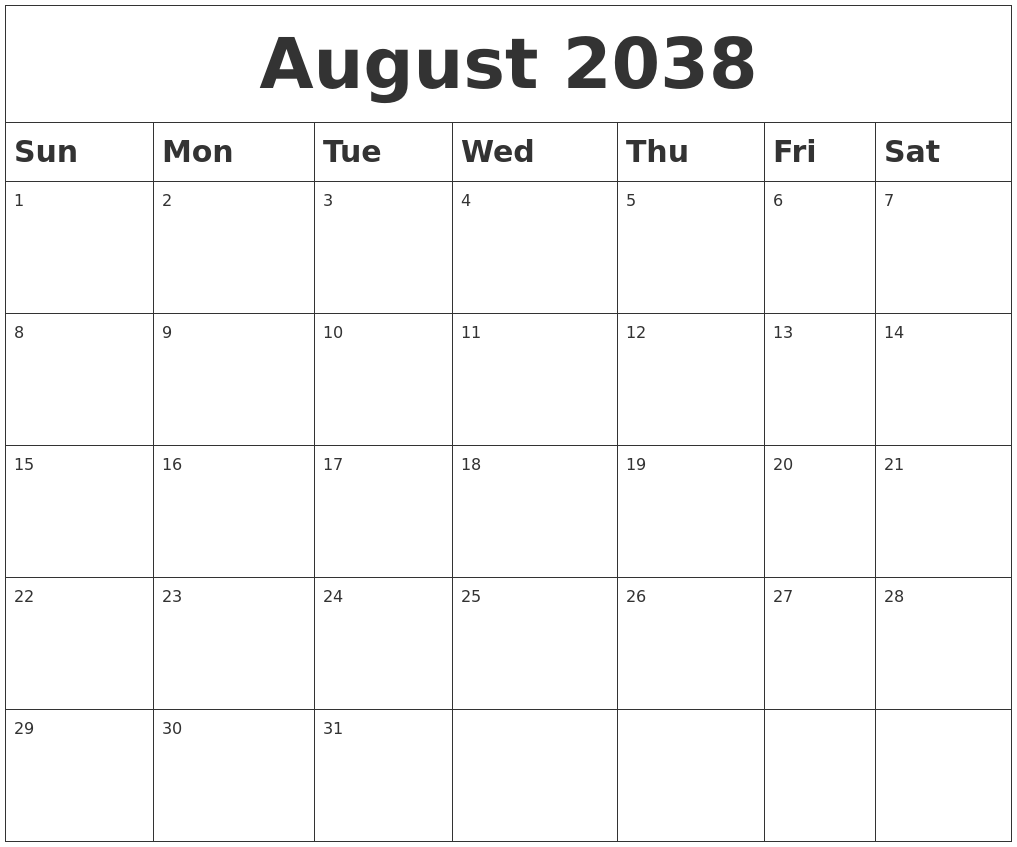 August 2038 Blank Calendar