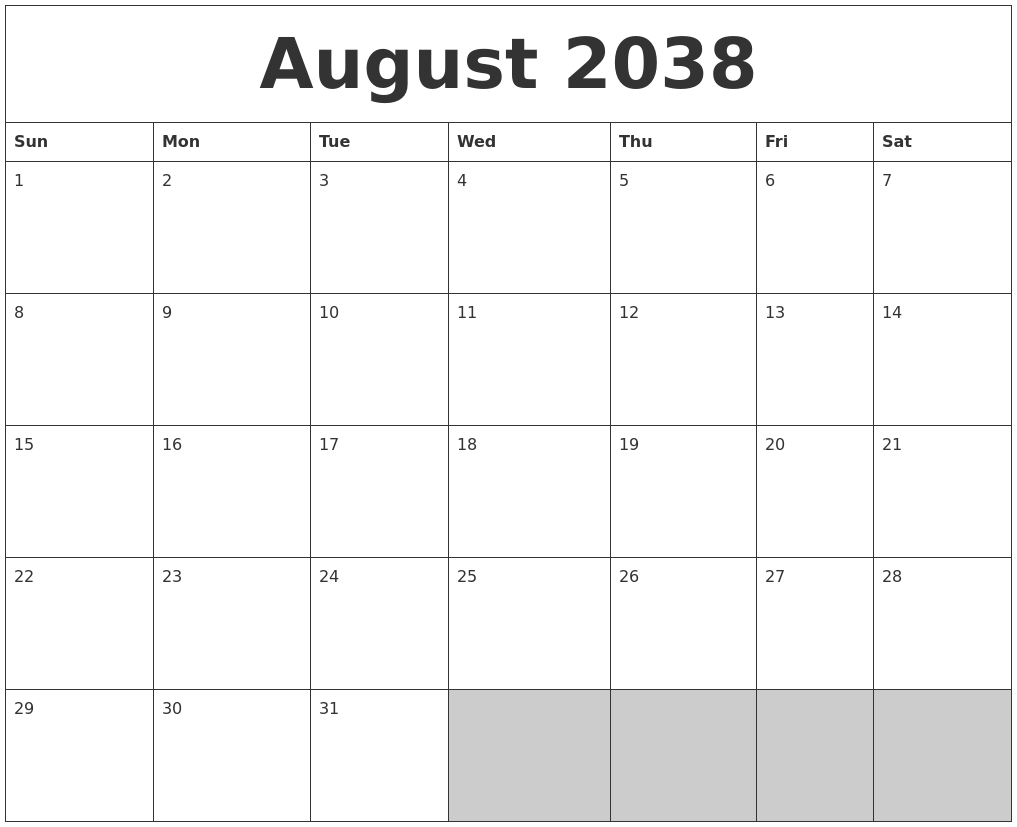 August 2038 Blank Printable Calendar