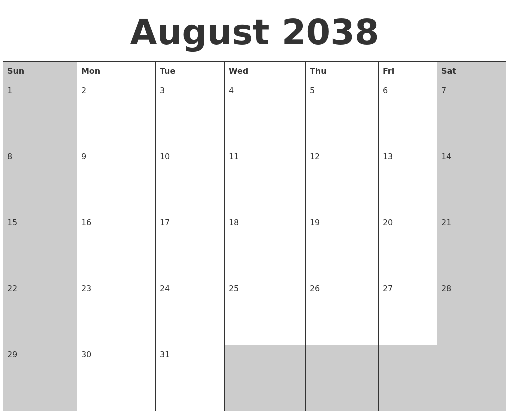 August 2038 Calanders