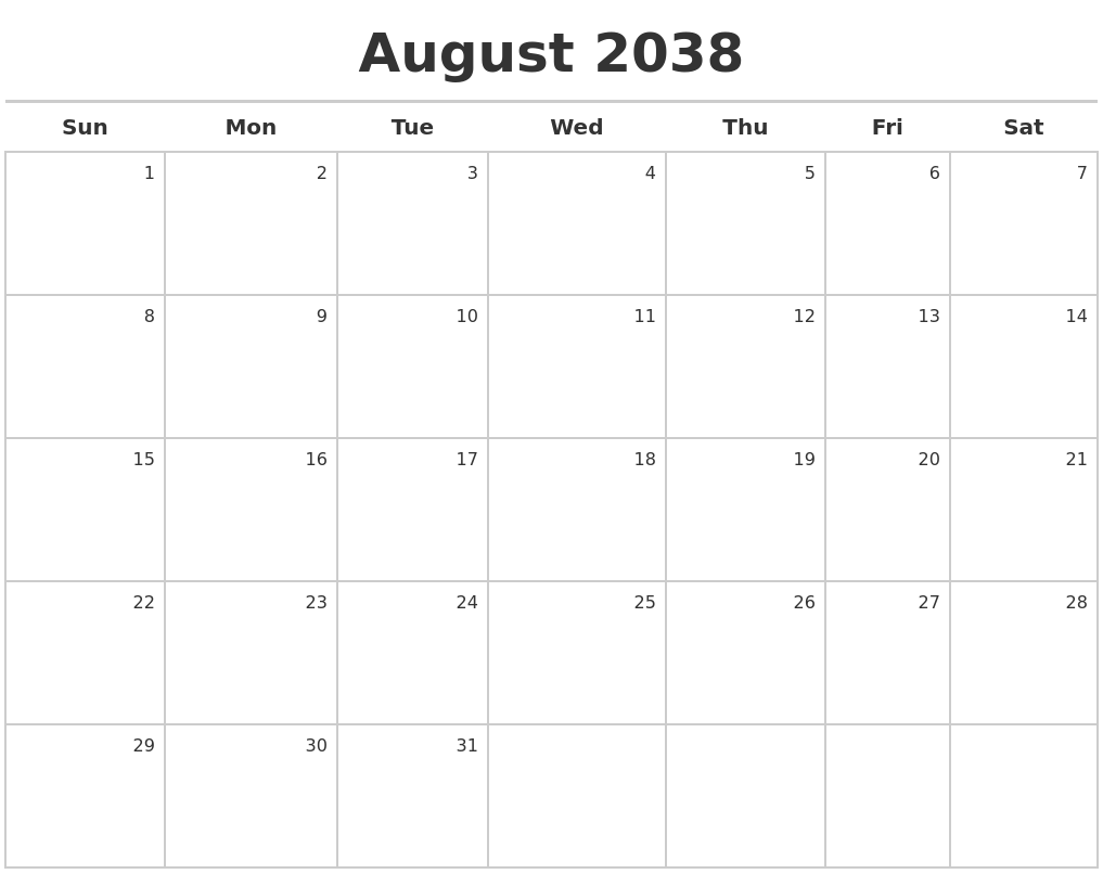 August 2038 Calendar Maker