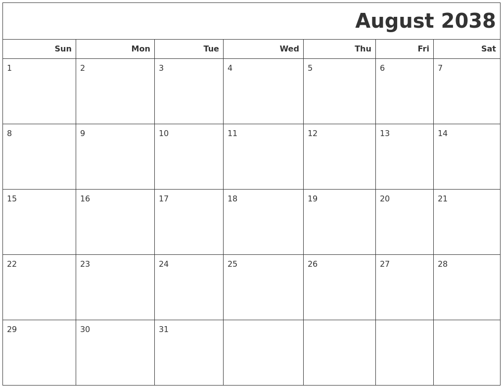 August 2038 Calendars To Print