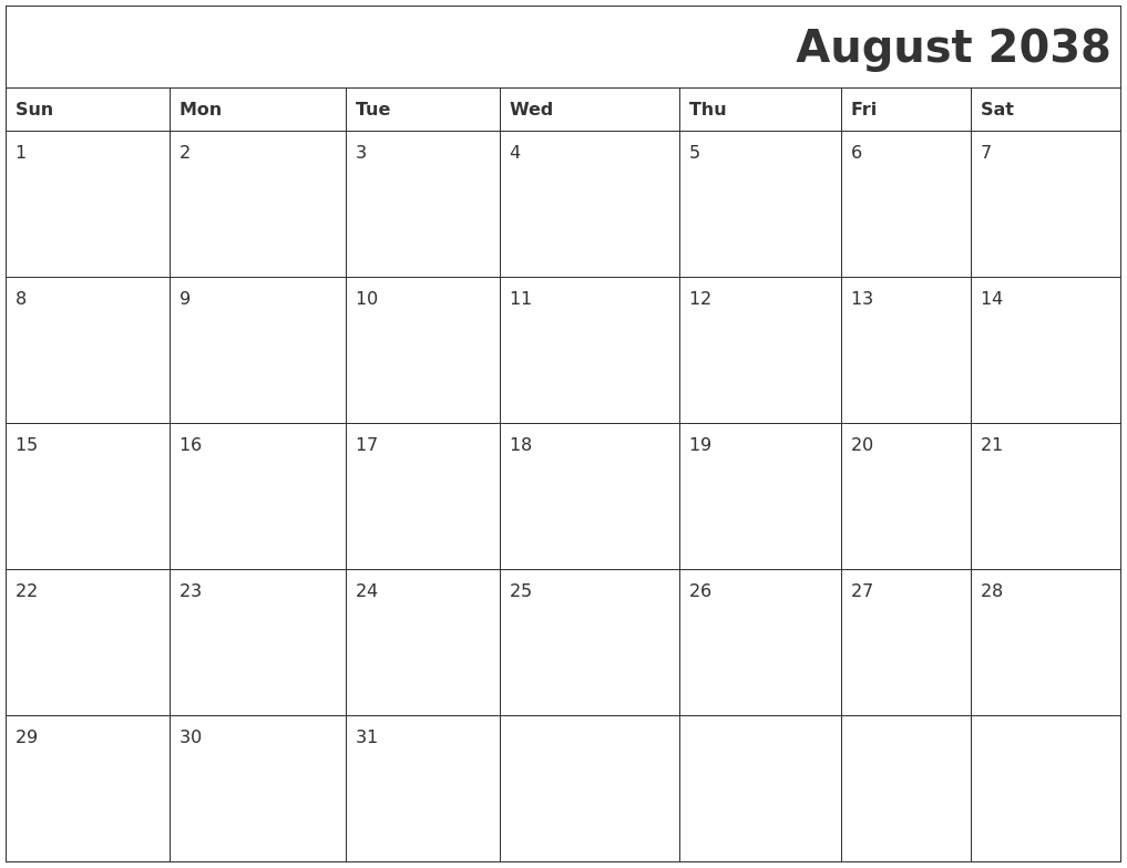 August 2038 Download Calendar