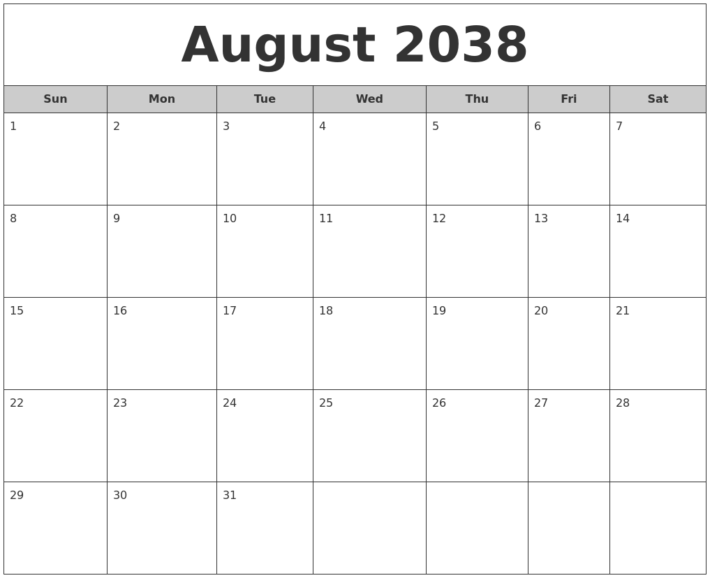 August 2038 Free Monthly Calendar