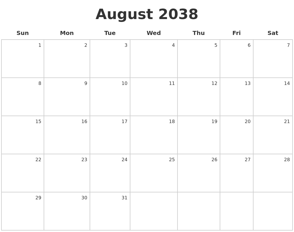 August 2038 Make A Calendar