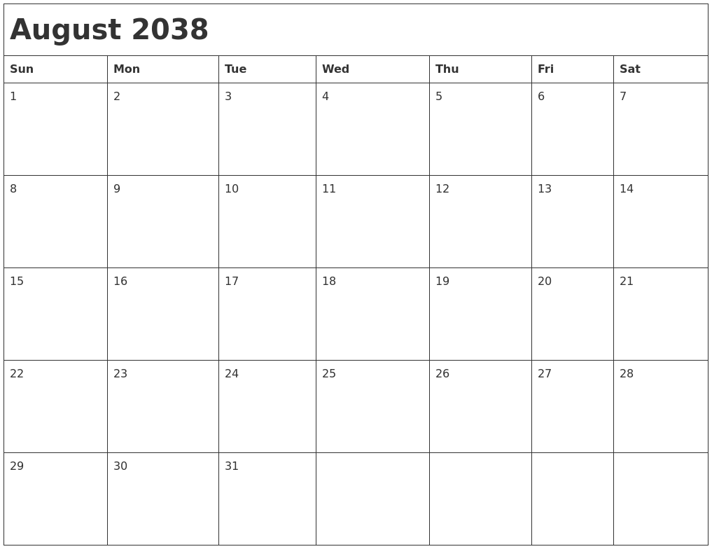 August 2038 Month Calendar