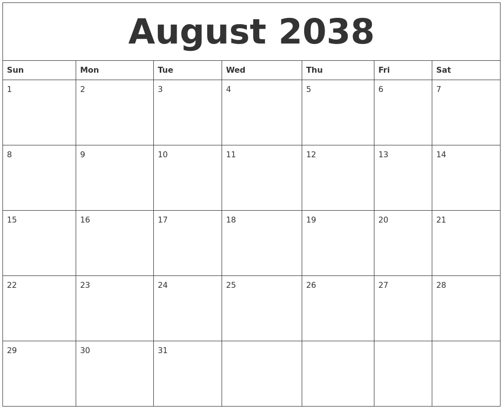 August 2038 Monthly Calendar To Print