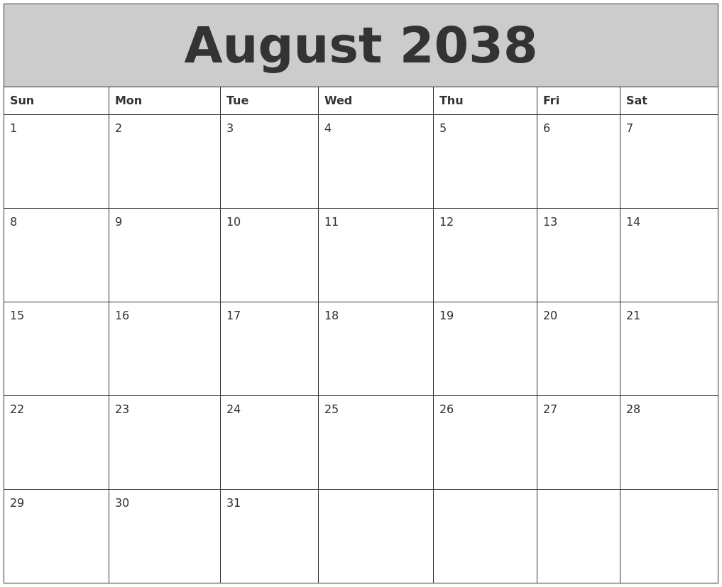 August 2038 My Calendar