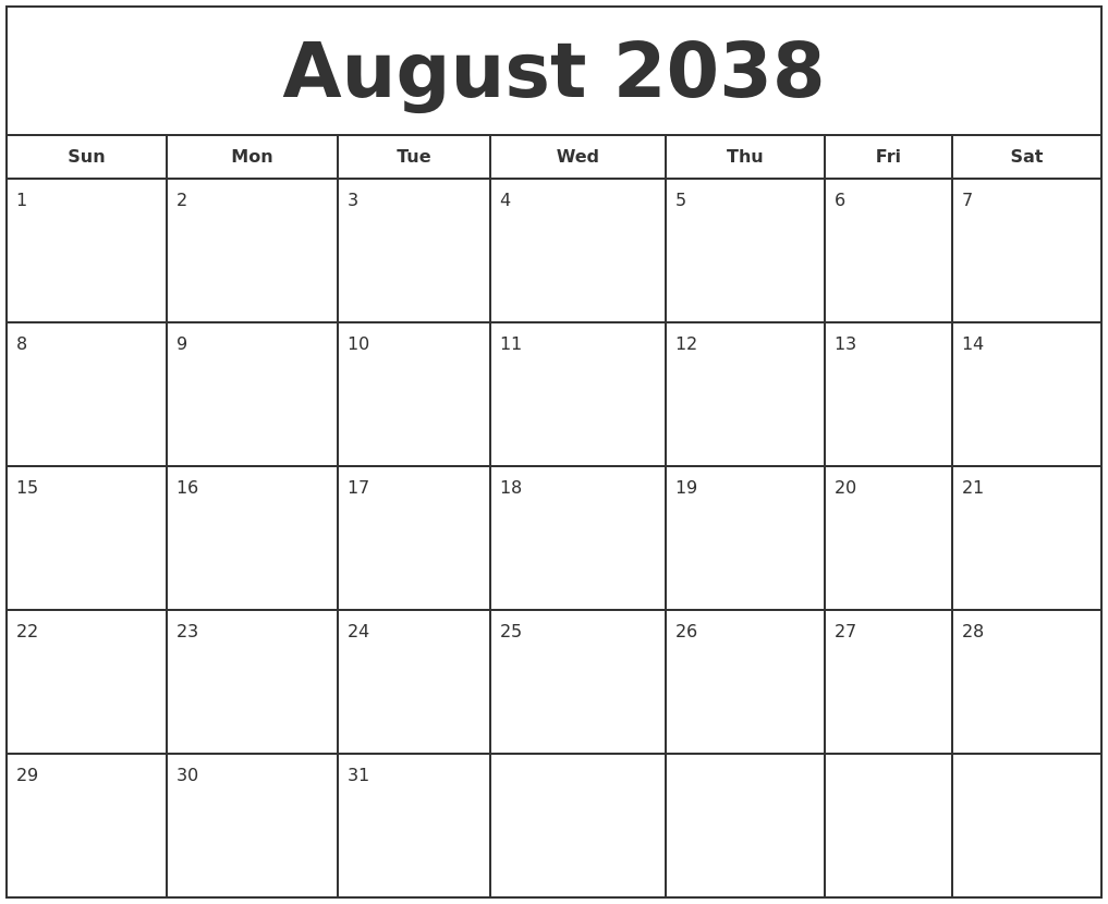 August 2038 Print Free Calendar