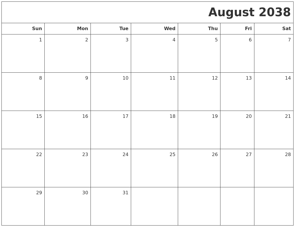 August 2038 Printable Blank Calendar