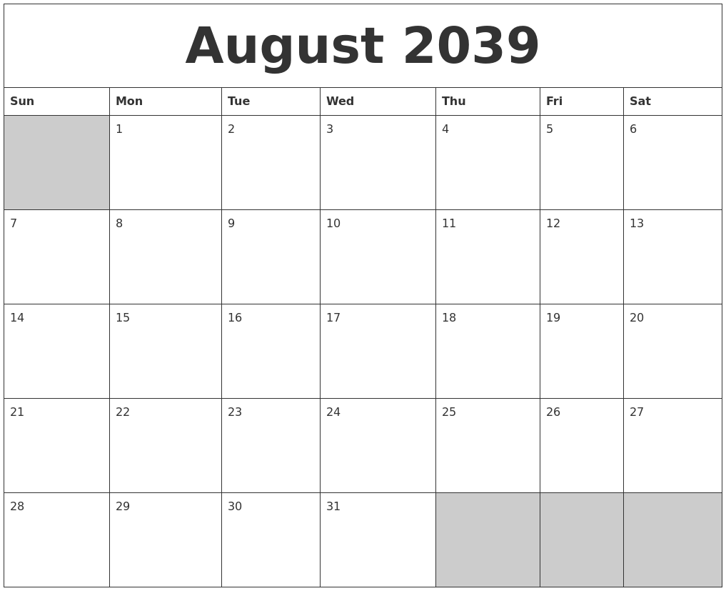August 2039 Blank Printable Calendar