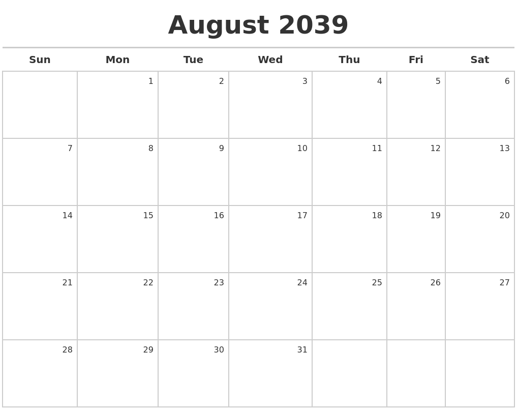 August 2039 Calendar Maker