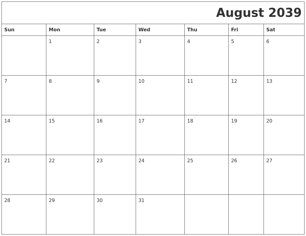 August 2039 Download Calendar