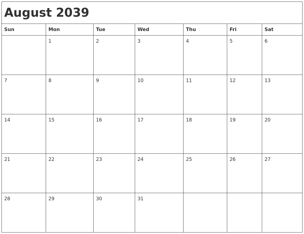 August 2039 Month Calendar