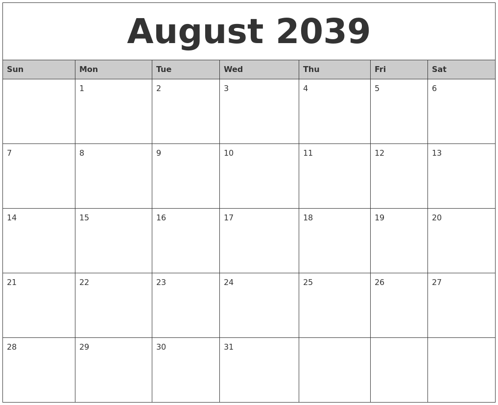 August 2039 Monthly Calendar Printable