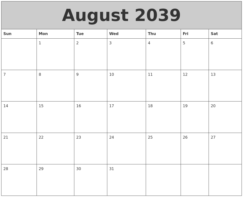 August 2039 My Calendar