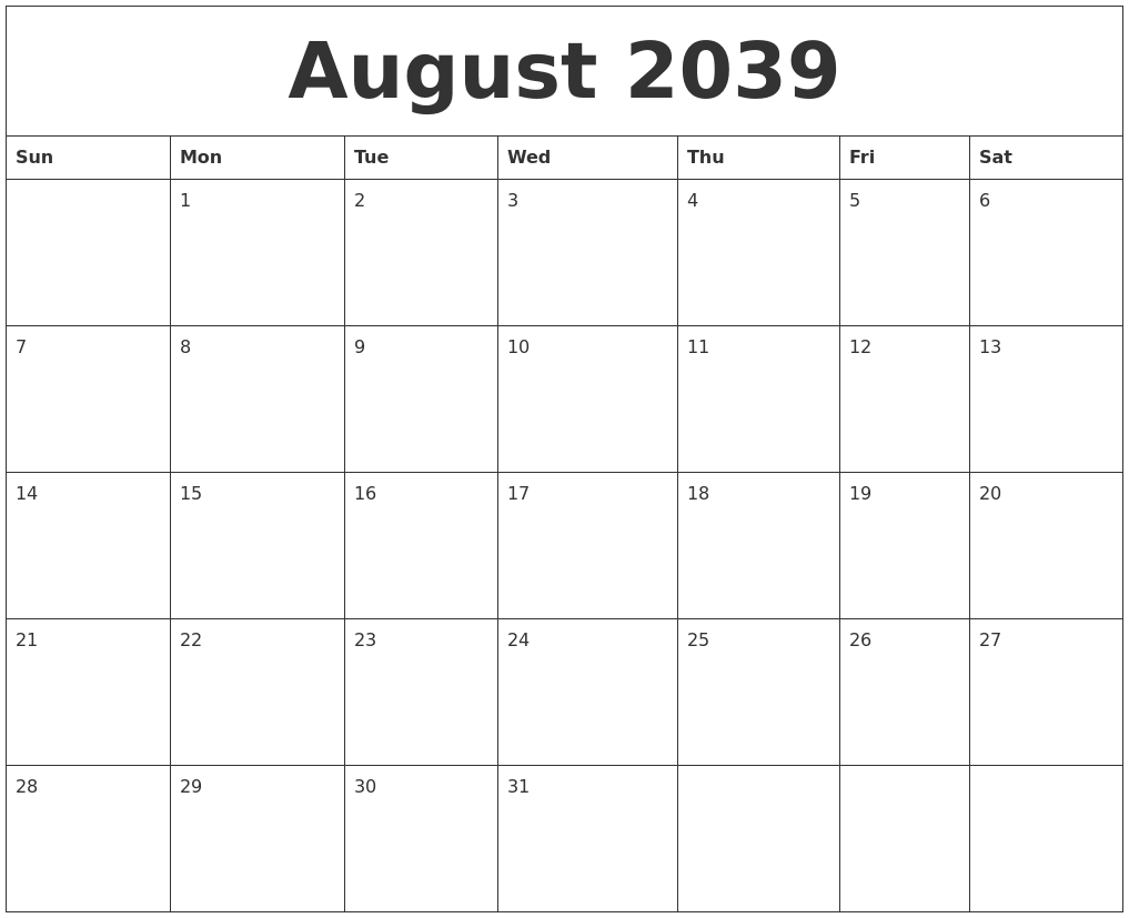 August 2039 Online Calendar Template